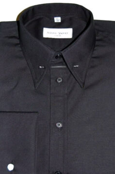 Pin Through Collar Shirt - Plain Black Poplin - Double Cuff - Pin included