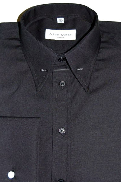 Pin Through Collar Shirt - Plain Black Poplin - Double Cuff - Pin included