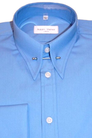 Pin Through Collar Shirt - Plain French Blue Poplin - Double Cuff - Pin included