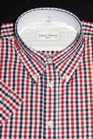 Button Down Short Sleeve Shirt - Red, Navy & White Gingham Check - 100% Cotton