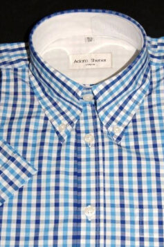 Button Down Short Sleeve Shirt - Blue, Navy & White Gingham Check - 100% Cotton