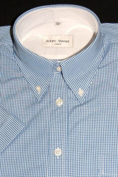 Button Down Short Sleeve Shirt - Blue & White Small Gingham - 100% Cotton