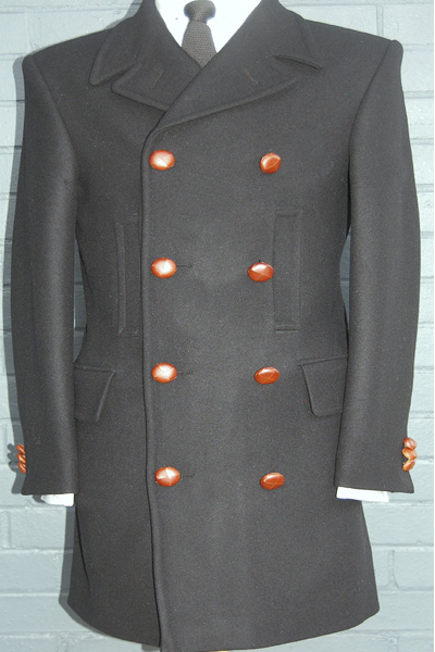 Overcoat - Three Quarter Length Black All Wool P-Coat with Real Leather Football Buttons