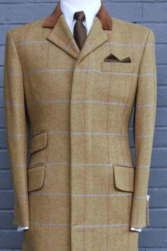 Overcoat - 60'S Style Tan Over Check with Fly Front and Velvet Collar in Pure New Wool