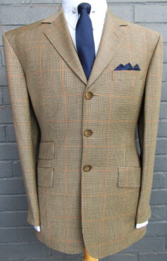 3 Button Single Breasted Check Suit - Tan/Blue/Green Puppy Tooth with Burnt Orange Over Check in 100% Superfine Wool