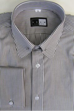 Penny Round P T Collar Shirt - Long Sleeve Brown and White Stripe - Double Cuffs - Pin included