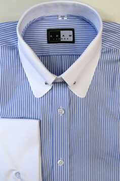 Penny Round P T Collar Shirt - Long Sleeve Blue and White Stripe - White Collar & Double Cuffs - Pin included