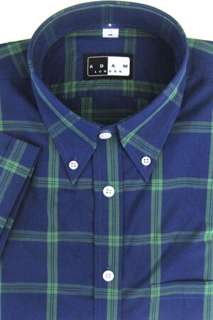 Button Down Short Sleeve Shirt - Navy & Green Check - 100% Cotton