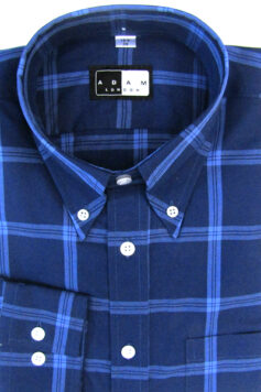 Button Down Collar Shirt - Navy & Sky Check - Single 2 Button Cuffs - 100% Cotton