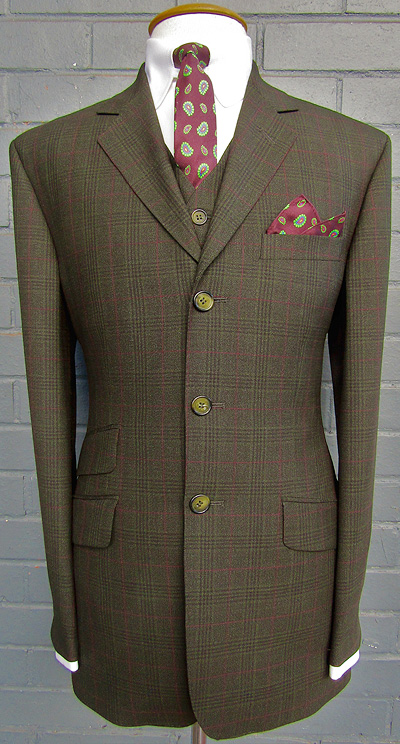 3 Button Single Breasted Check Suit - Green/Black with Red Over Check in 100% Superfine Wool