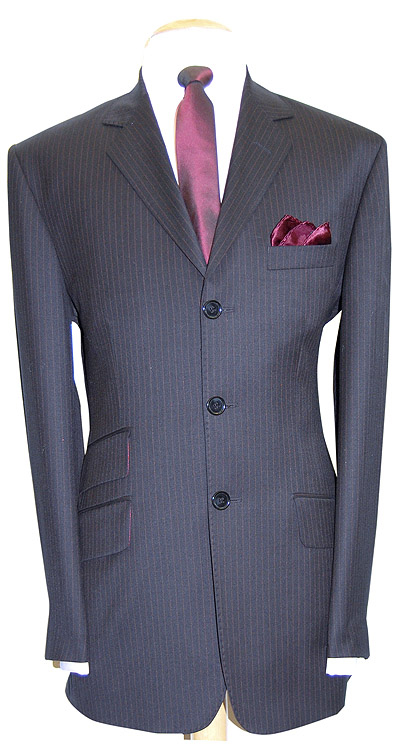 3 Button Stripe Suit - Black & Burgundy Stripe - 100% Superfine Wool Worsted