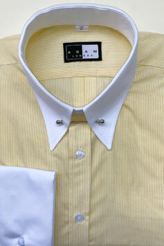 Pointed Pin Through Collar Shirt Lemon Narrow Stripe with White Contrast Collar and Double Cuffs in 100% Cotton.