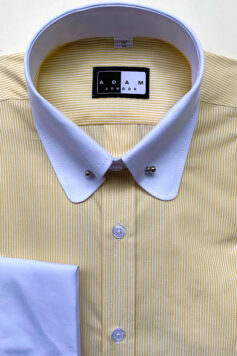 Penny Round Pin Through Collar Shirt Lemon Narrow Stripe with White Contrast Collar and Double Cuffs in 100% Cotton.