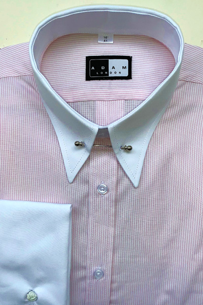 Pointed Pin Through Collar Shirt Pink Narrow Stripe with White Contrast Collar and Double Cuffs in 100% Cotton.