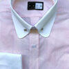 Penny Round Pin Through Collar Shirt Pink Narrow Stripe with White Contrast Collar and Double Cuffs in 100% Cotton.