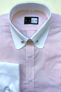 Penny Round Pin Through Collar Shirt Pink Narrow Stripe with White Contrast Collar and Double Cuffs in 100% Cotton.