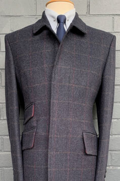 Overcoat - Blue with Burgundy/Tan Overcheck 1960’s Style Three Quarter Length Car Coat in 100% Wool