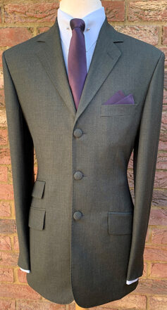 Single Breasted Superfine Wool 3 Button Suits with Cloth Covered Buttons in Liquorice/Green/Black