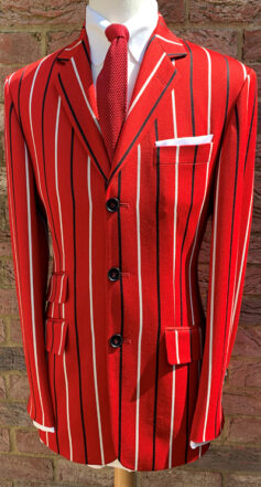 Single Breasted 3 Button Jacket with Ticket Pocket and Centre Vent, Red-Black-White Multi Stripe, 70% Wool 30% Cotton,