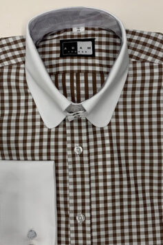 Tab Collar Shirt - Brown/White Gingham Check with White Contrast Collar & Double Cuffs - 100% Cotton