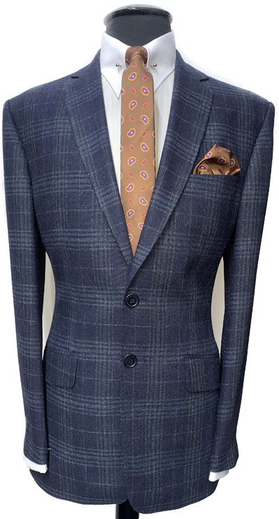 2 Button Wool Suit - Navy Blue - Check - 85% Wool 15% Polyester