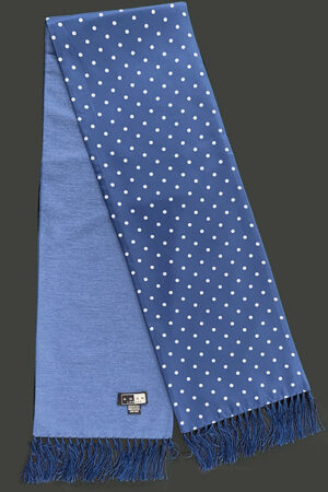 Silk Scarves - Printed Navy Blue with White Polka Dot Silk Scarf with Wool on Reverse