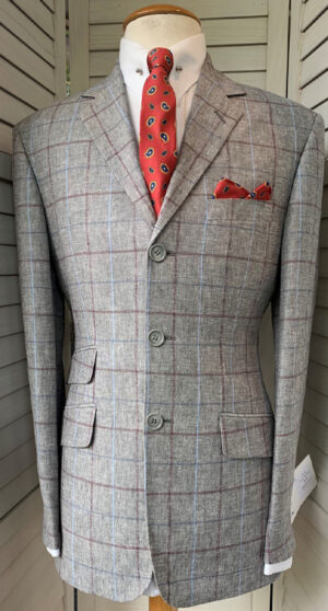 3 Button Single Breasted Jacket in Light Grey with a Burgundy & Sky Blue Overcheck – 50% Linen, 50% Polyester