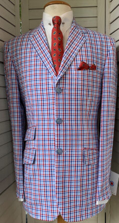 3 Button Single Breasted Jacket in a Blue/White/Red Check – 100% Cotton Seersucker