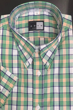 Button Down Short Sleeve Shirt - Green & Burnt Orange Check  - 100% Cotton